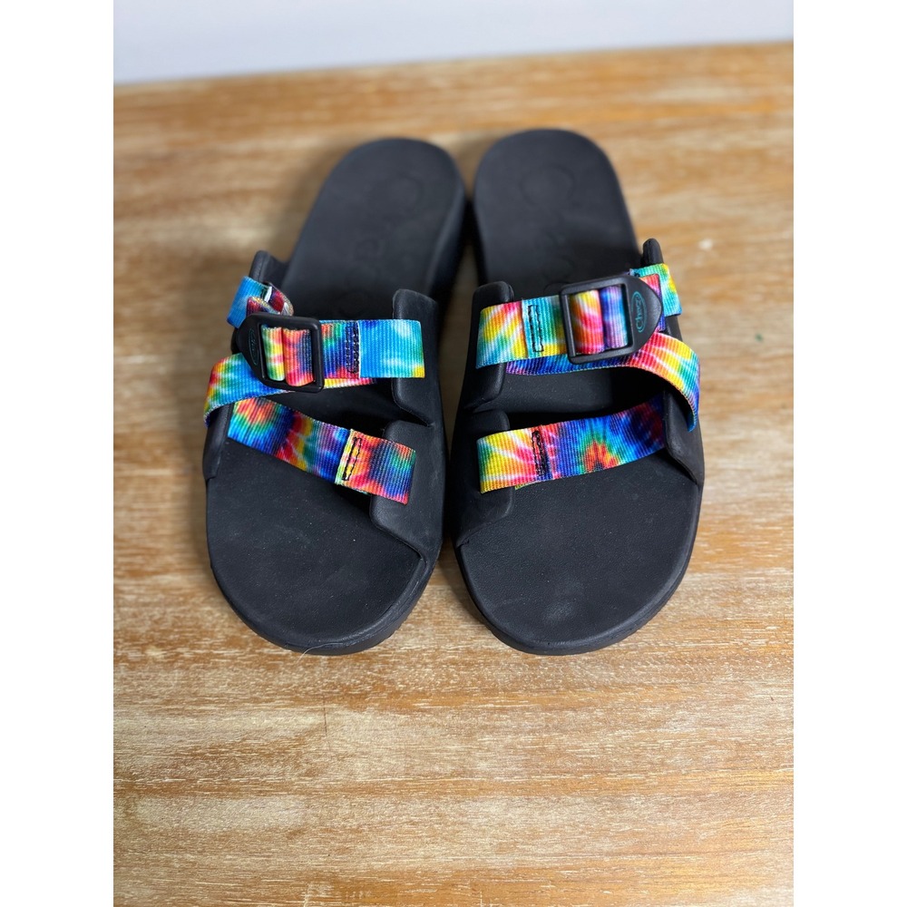Chaco Kids‎ Slides Tie Dye Rainbow Strap Black Comfort Performance Footwear SZ 5